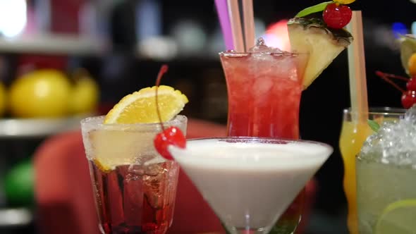 Close up Of Colorful Drinks in Pub