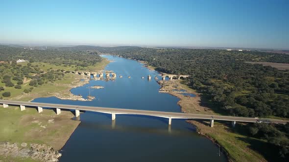 Aerial View of the Border River Guadiana Between Elvas Portugal And Olivenza Spain and Historic