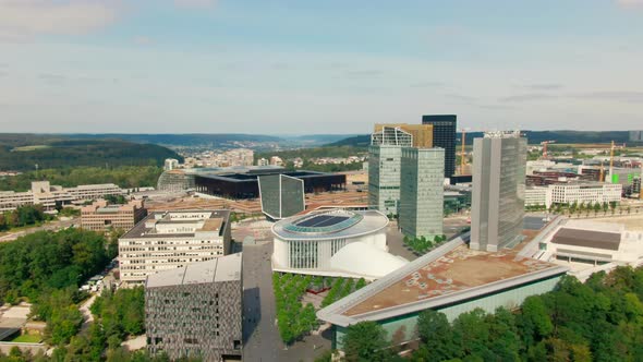 Establishing Aerial Shot of European Parliament in Luxembourg City EU Capital
