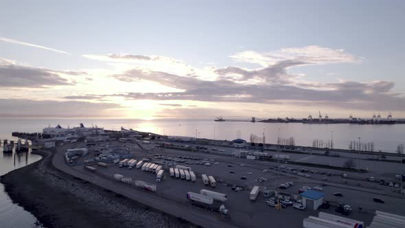 Aerial view of trucks parked in Tsawwassen BC ferries terminal port Vancouver Canada. cargo containe alt