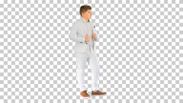 Teenager boy in a white suit posing, Alpha Channel alt