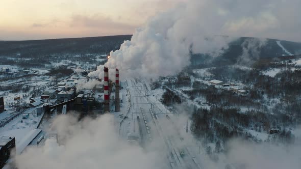 Industrial Zone in Winter Smoking Chimney of Factory alt