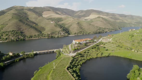 Quinta do Tedo drone view of s shape bend river in Douro wine region, in Portugal alt