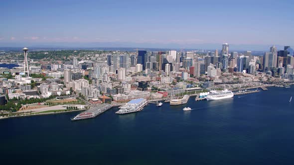 Blue Sky Cityscape Aerial Of Seattle Oceanfront Architecture alt