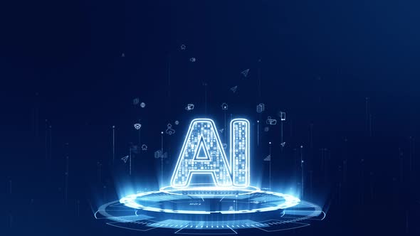 Blue digital AI logo with futuristic technology circle rotation on abstract background