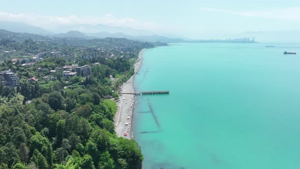 Aerial view of the Black sea coast. The Botanical Garden of Batumi, located at area of Green Cape alt