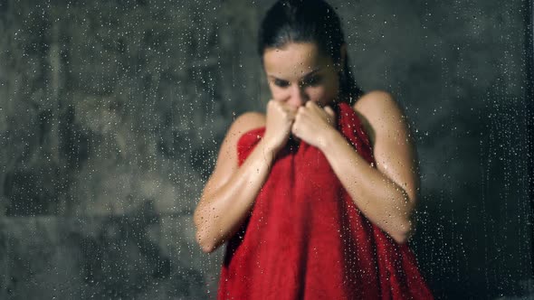 Frozen Woman Standing in The Bathroom After Cold Water