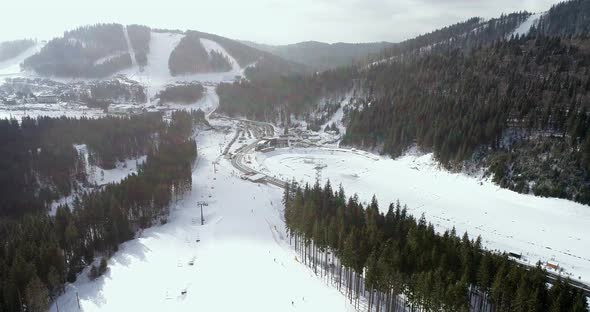 Aerial View of the Ski Resort in Mountains at Winter