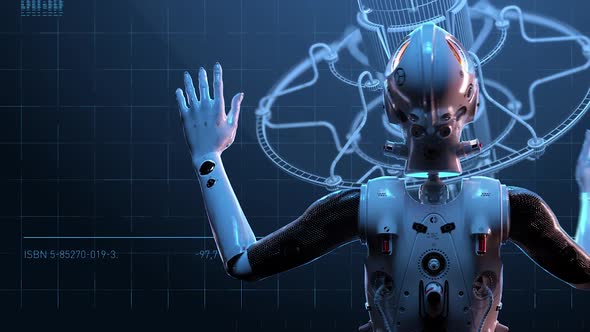 sci-fi woman robot ,  large holographic interface alt