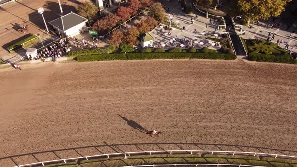 A dynamic tracking aerial footage of trotting horses to their starting point while ridden by jockeys alt