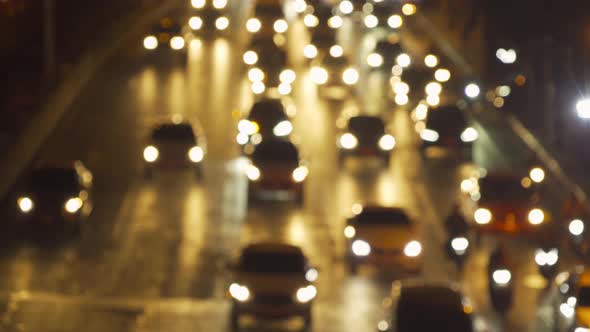 Bokeh. Blurry background of crowd of busy cars with traffic jam in rush hour on highway road street