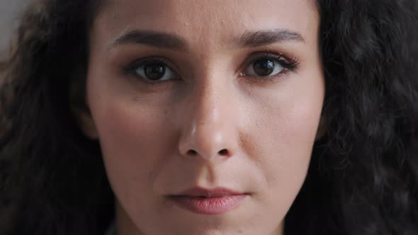 Extreme Close Up View Female Body Part Serious Attractive Hispanic Millennial Woman Face Natural alt