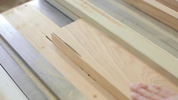 Carpenter Sawing Plank on a Saw Circulation in Workshop alt
