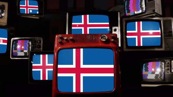 Flag of Iceland on Retro TVs. 4K.