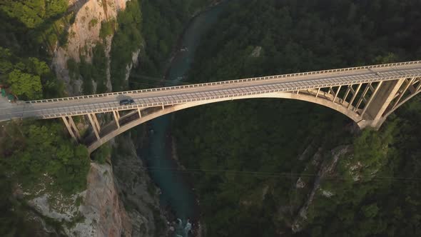 Djurdjevic Bridge Over the Tara River in Northern Montenegro. Aerial Footage