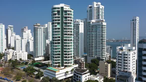 Aerial View of the Hotels and Tall Apartment Buildings in the Modern Section of Cartagena Colombia