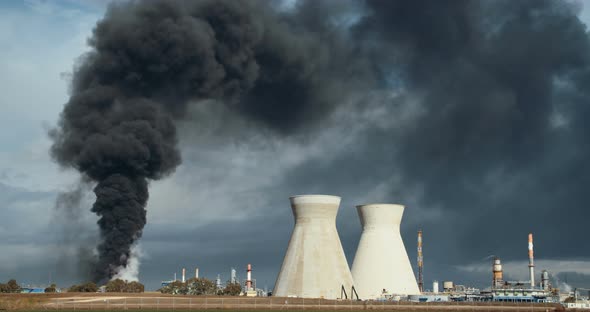 Accident in oil refinery - huge explosions and fireballs rising. Thick black smoke covers the sky. alt