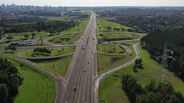 Top View of the Ring Road and the Fork with Cars in the City of Minsk