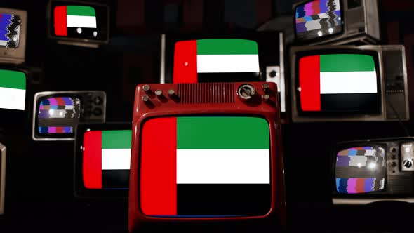 Flag of United Arab Emirates on Retro TVs. 4K.
