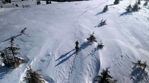 Aerial Top Down View of Two Hikers Moving on Mountain Plateau in Winter