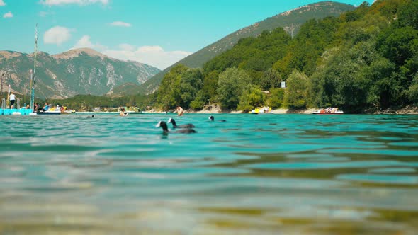 Ducks Swim on the Lake in the Background People Ride on a Pleasure Catamaran on the Pond alt