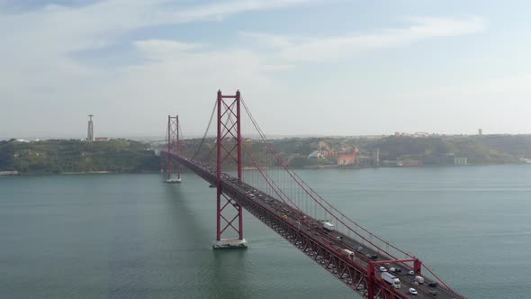 Elevated View of Long Red Cablestayed Bridge Over Tagus River alt