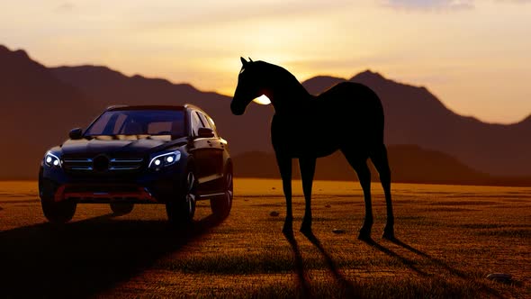 Horses and Black Luxury Off-Road Vehicle in Mountainous Area with Sunset View