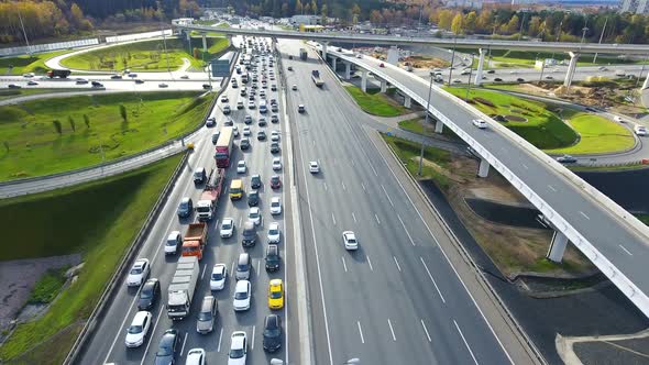 Drone Flies Over the Road Urban Junction. Highway in Moscow. Bird's Eye View