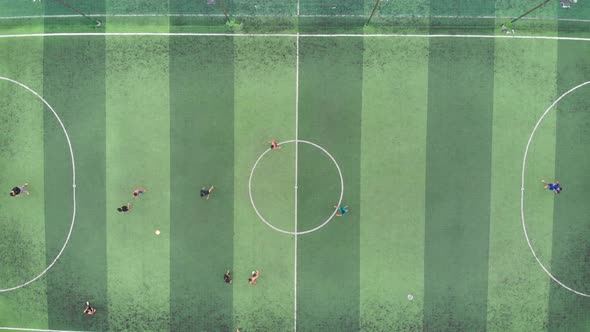 Start of Training Before a Football Match. Game Process. Aerial Shot of a Small Soccer Field, Two alt