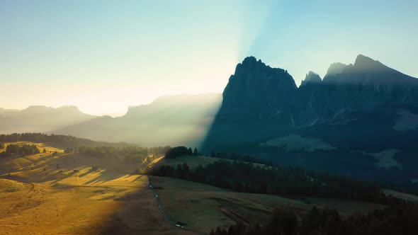 Autumn Morning and Bright Misty Sunrise in the Valley of Compaccio