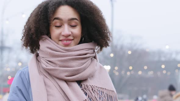 Portrait Beautiful Young Millennial Female Model Student Girl in Outerwear Stands in City Urban alt