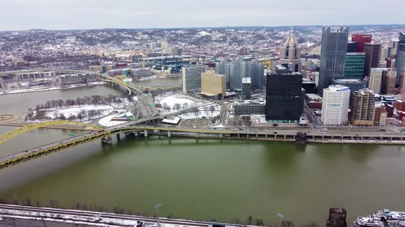 Aerial View of Monongahela river with Pittsburgh Skyline downtown in the background alt