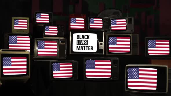 Black Lives Matter Logo among Many US Flags on Retro TVs. alt