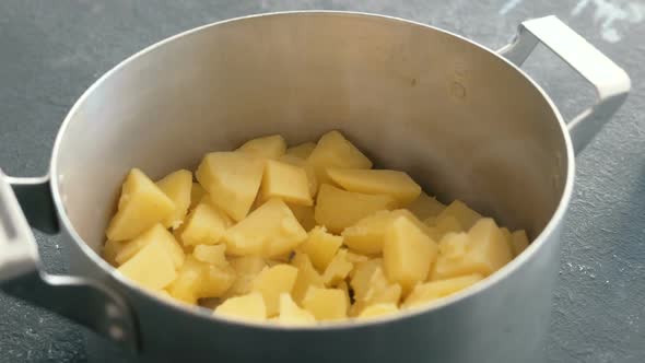  Boiled Potato in Saucepan. Cooking Mashed Potatoes.