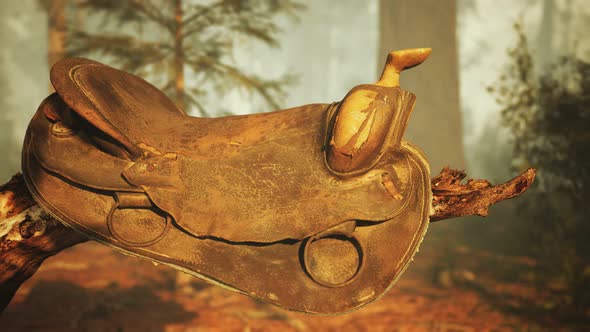 Vintage Leather Horse Saddle on the Dead Tree in Forest at Sunset alt