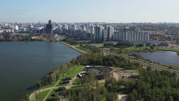 Top View of the Park and the City on Pobediteley Avenue Near the Drozdy reservoir.Minsk, Belarus alt