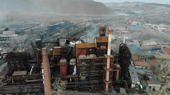 Old Factory From Drone with Smoking Pipes