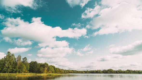Lyepyel District, Vitebsk Province, Belarus. Summer Cloudy Sky Above Lepel Lake. Time Lapse. , alt