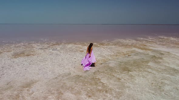 Woman in Flying Dress on Pink Salt Lake alt