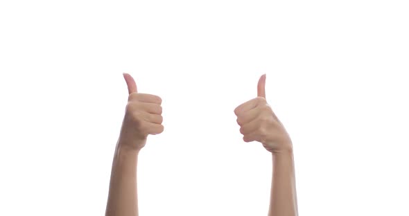 Closeup of Female Hands Raising a Thumb Up on a White Background
