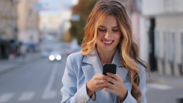 Portrait Happy Caucasian Girl Business Woman Looking Into Mobile Phone Rejoices Victory Good News alt