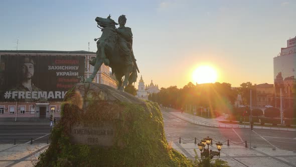 Kyiv, Ukraine: Monument To Bogdan Khmelnitsky in the Morning at Dawn. Aerial View alt