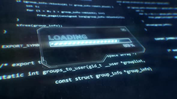 Computer Code Displayed on Sci-Fi Screen as Loading Message is Displayed