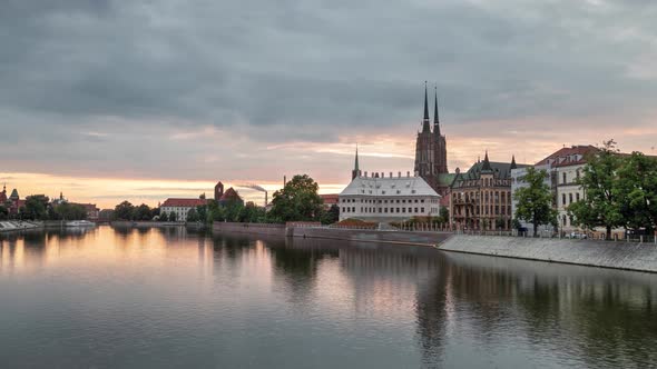 Wroclaw, Poland. Sunset over Odra river and Cathedral Island