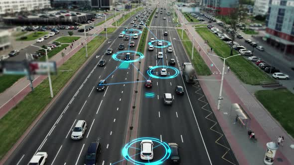 Robotic cars are controlled by AI, driving along a busy city avenue ...