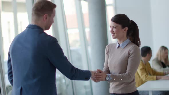 Young business partners making handshake in an office while their team working in the background