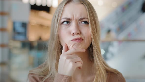 Portrait Genius Smart Creative Blonde Caucasian Woman Thinking Pondering Doubts Searching for Answer alt