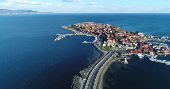 4K aerial footage of Nessebar, ancient city on the Black Sea coast of Bulgaria. alt