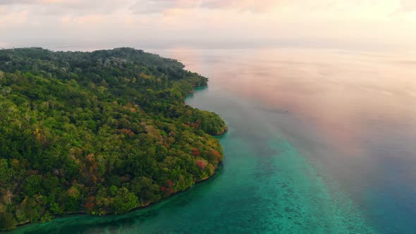 Aerial: flying over tropical island white sand beach Banda Islands Indonesia alt
