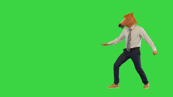 Funny Office Worker in Mask Run Skipping Jumping Like Horse Cheering Colleagues Comic Businessman on
